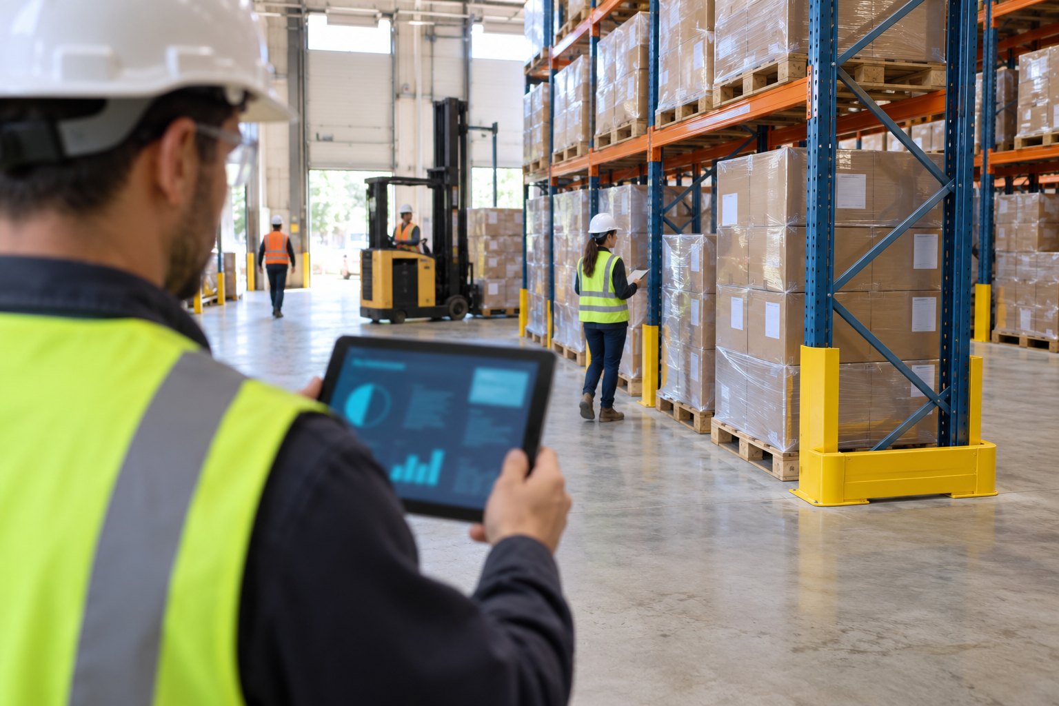 A safety inspector using X3 Inspections on a tablet in a warehouse racking aisle