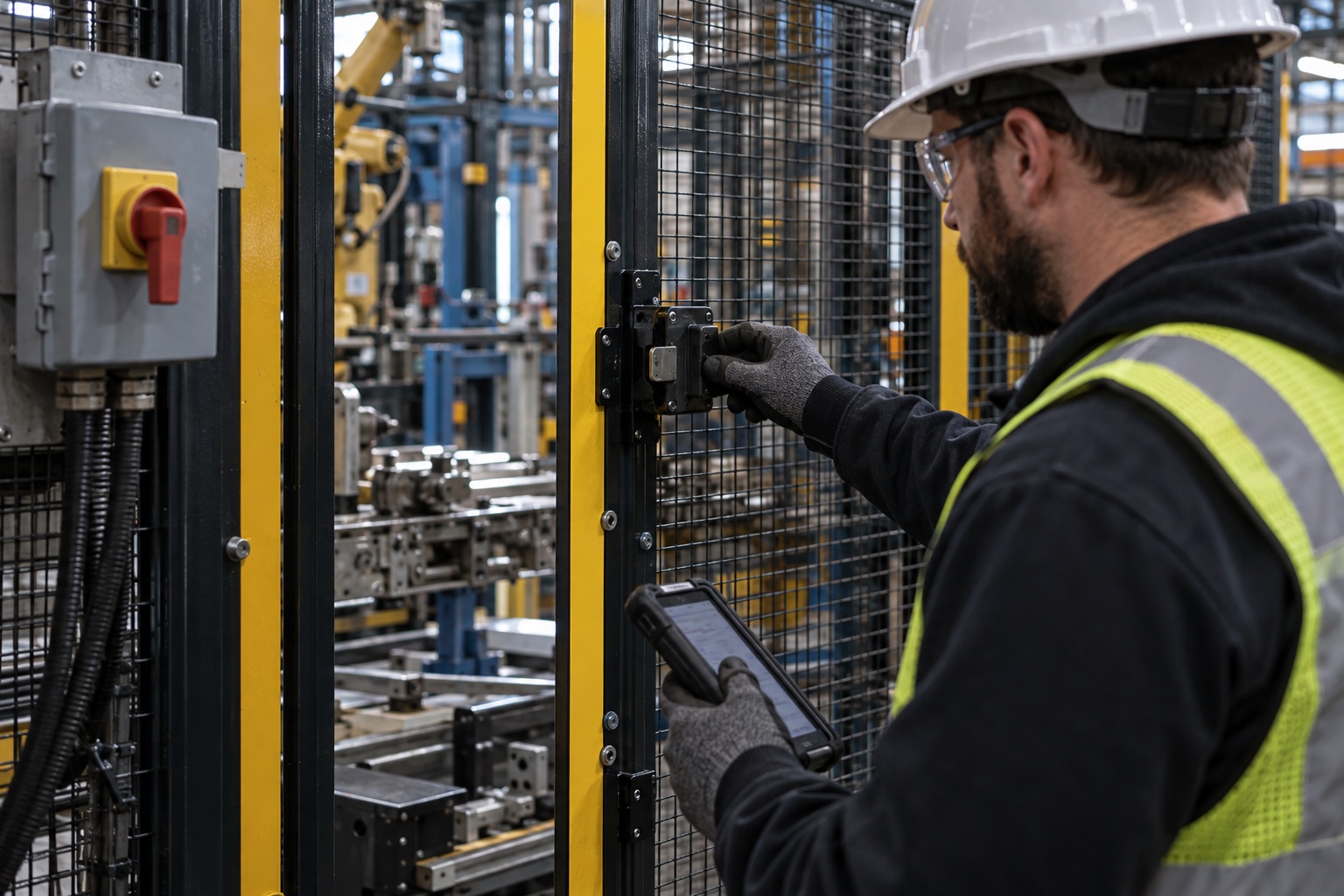 An inspector in a hard hat testing a machine guard latch by hand while holding a tablet with the checklist