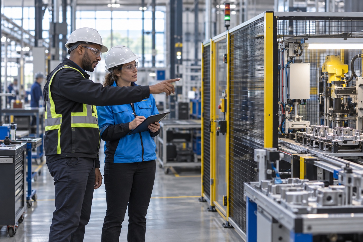 A supervisor and an inspector reviewing a follow-up together beside a guarded machine cell, one pointing at the equipment
