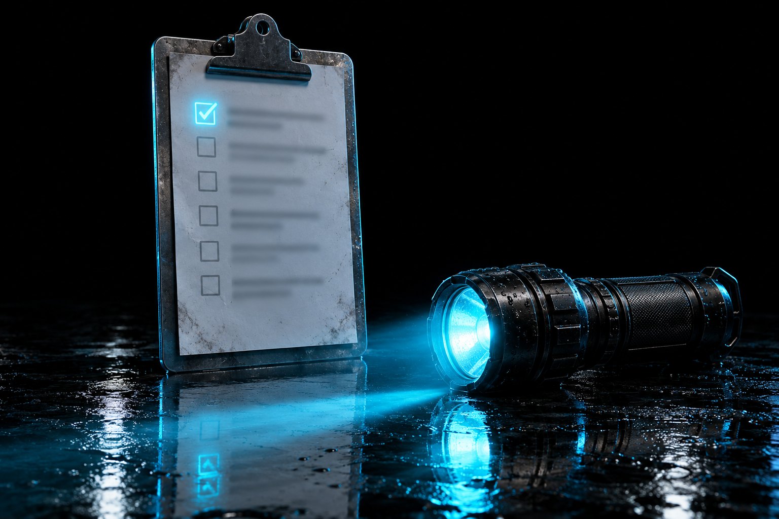 A metal clipboard standing upright on the black floor, holding a paper checklist whose lines are blurred and unreadable