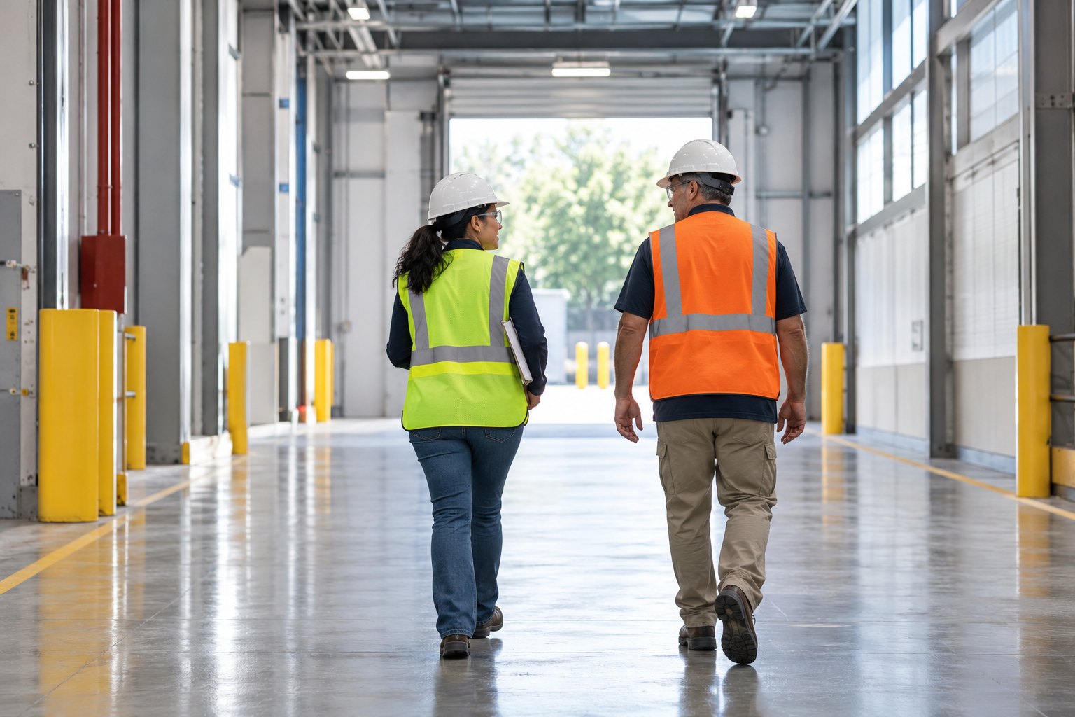 A clean, clear exit corridor in a warehouse: nothing stored in it, bright floor, a clear path to a daylight-filled exit door at the far end