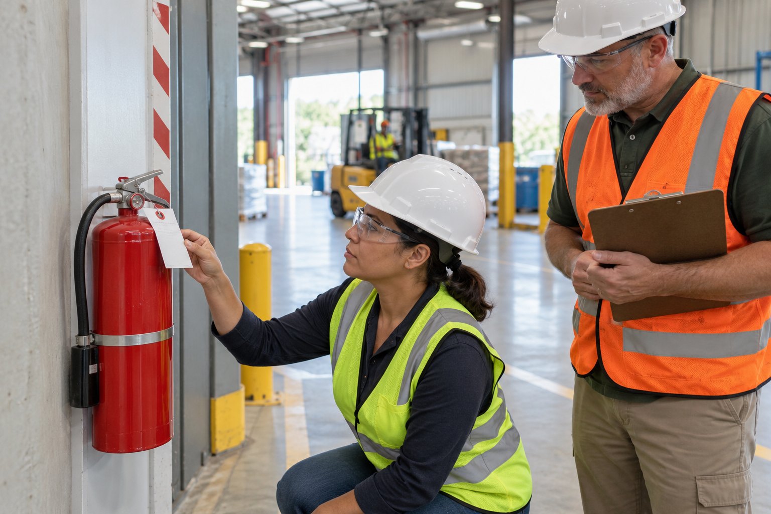 An inspector kneeling beside a wall-mounted red fire extinguisher in a plant corridor, turning over the blank paper inspection tag that hangs from its handle to check it