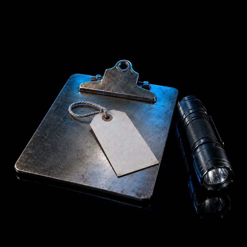 A metal clipboard lying flat with a blank paper inspection tag on a string resting on top of it, and a black industrial flashlight lying alongside